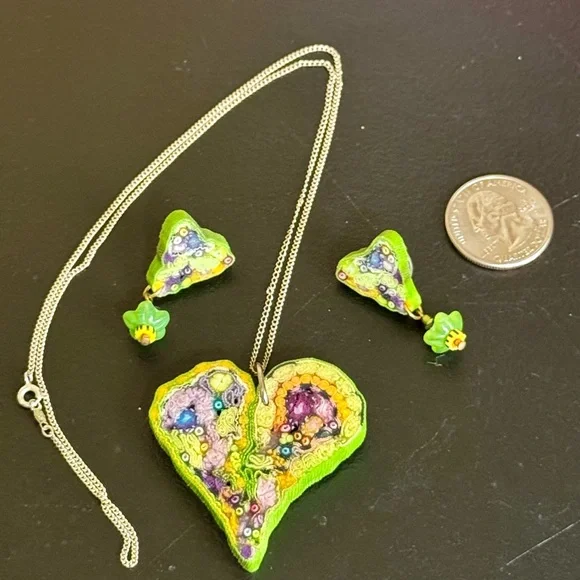 Artisan 14K Gold Handmade Fiber Art Signed Heart Pendant Necklace & Earrings - Picture 8 of 8